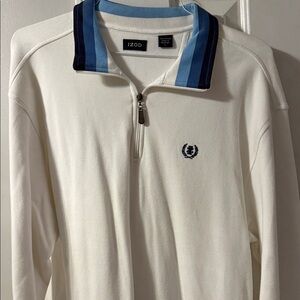 Izod Men's White Zip-Up Sweater with Blue Striped Collar